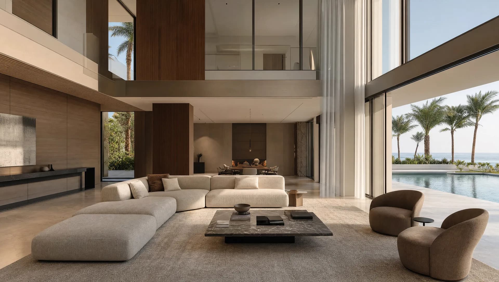 Contemporary villa living room with modular sofa and pool view