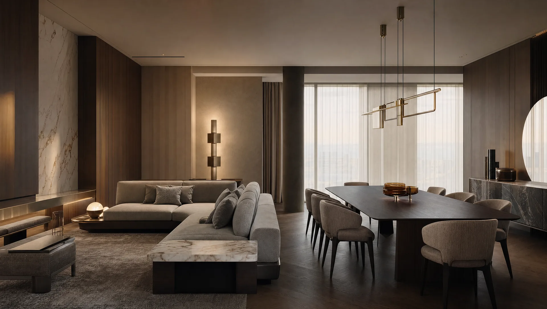 Contemporary living and dining room with grey sofa and dark dining table