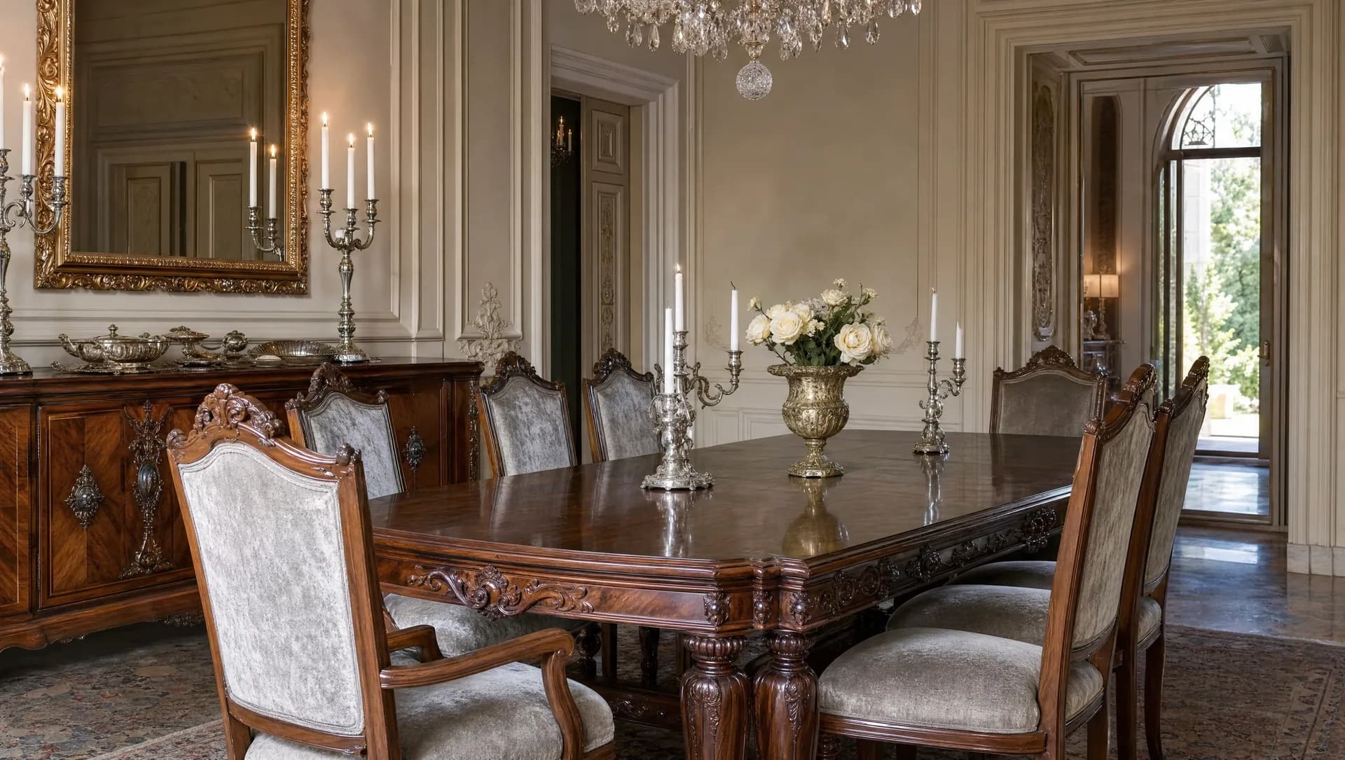 Classical dining room with mahogany table, silver candlesticks, and chandelier