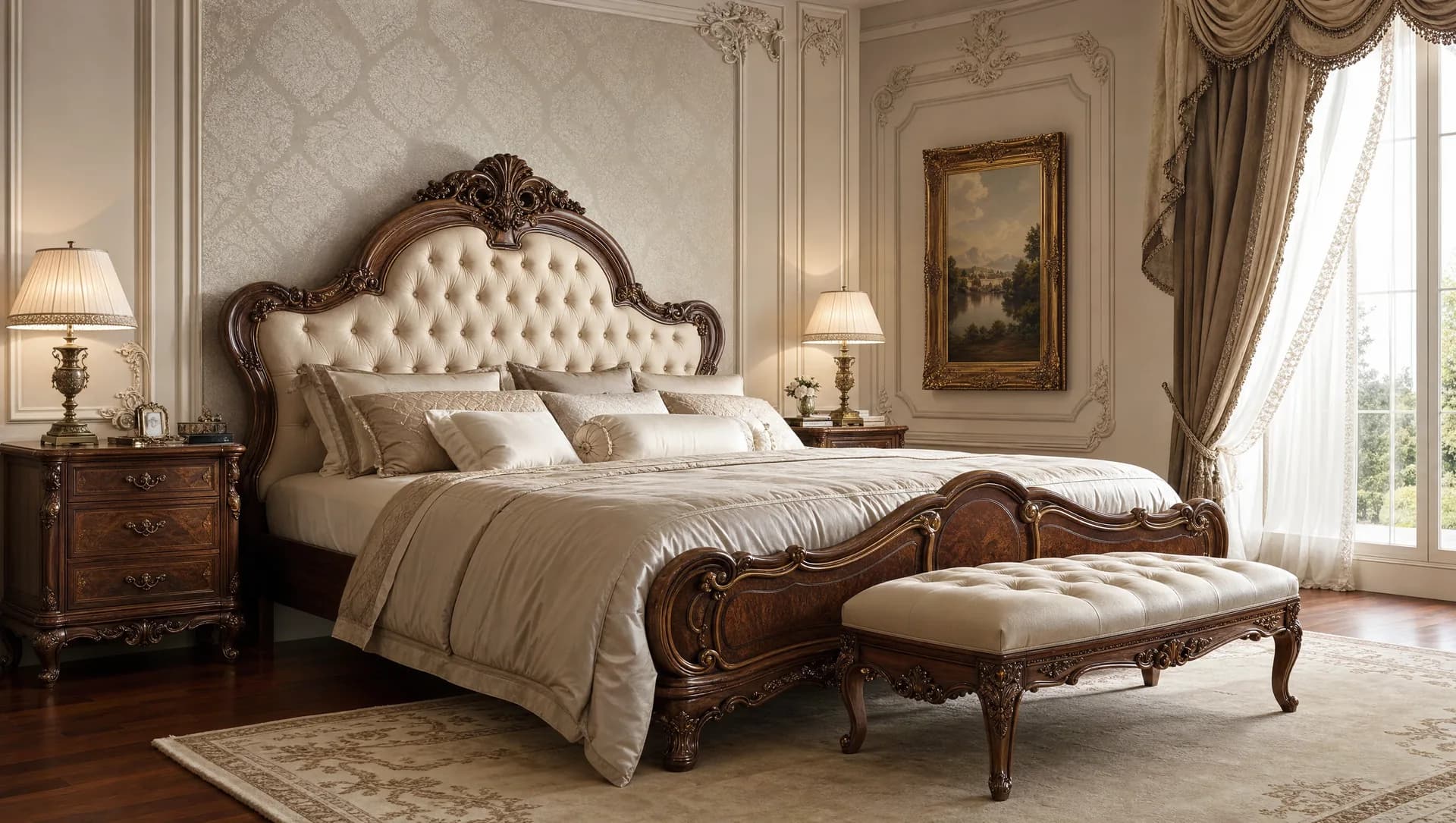 Classical bedroom with carved walnut bed and tufted bench