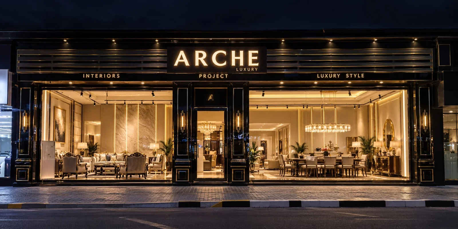 Night exterior of the Arche UAE showroom, Sharjah
